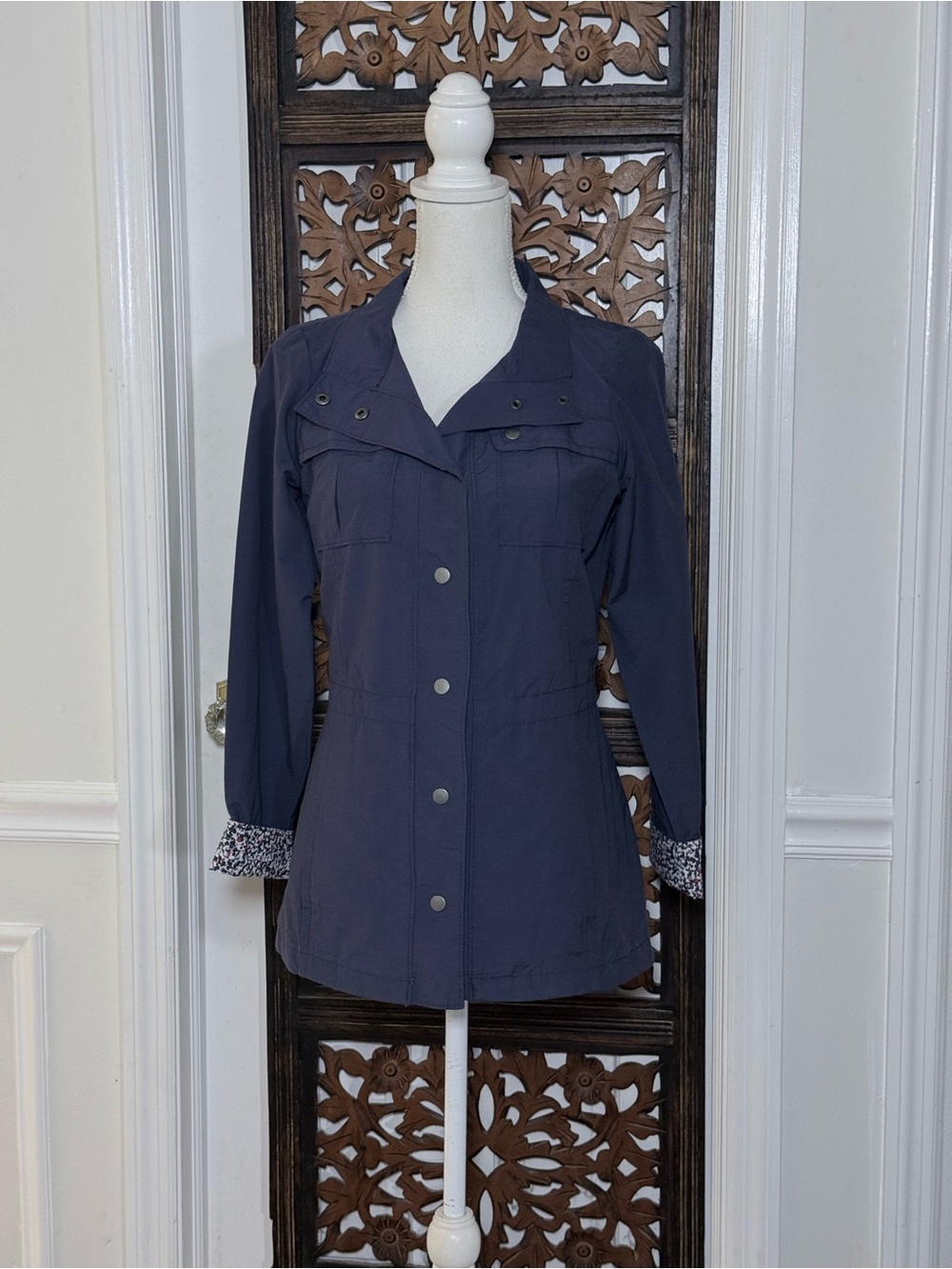 Columbia Lightweight Utility Jacket Blue Gray Floral Lined Cinch Waist XS Snapā